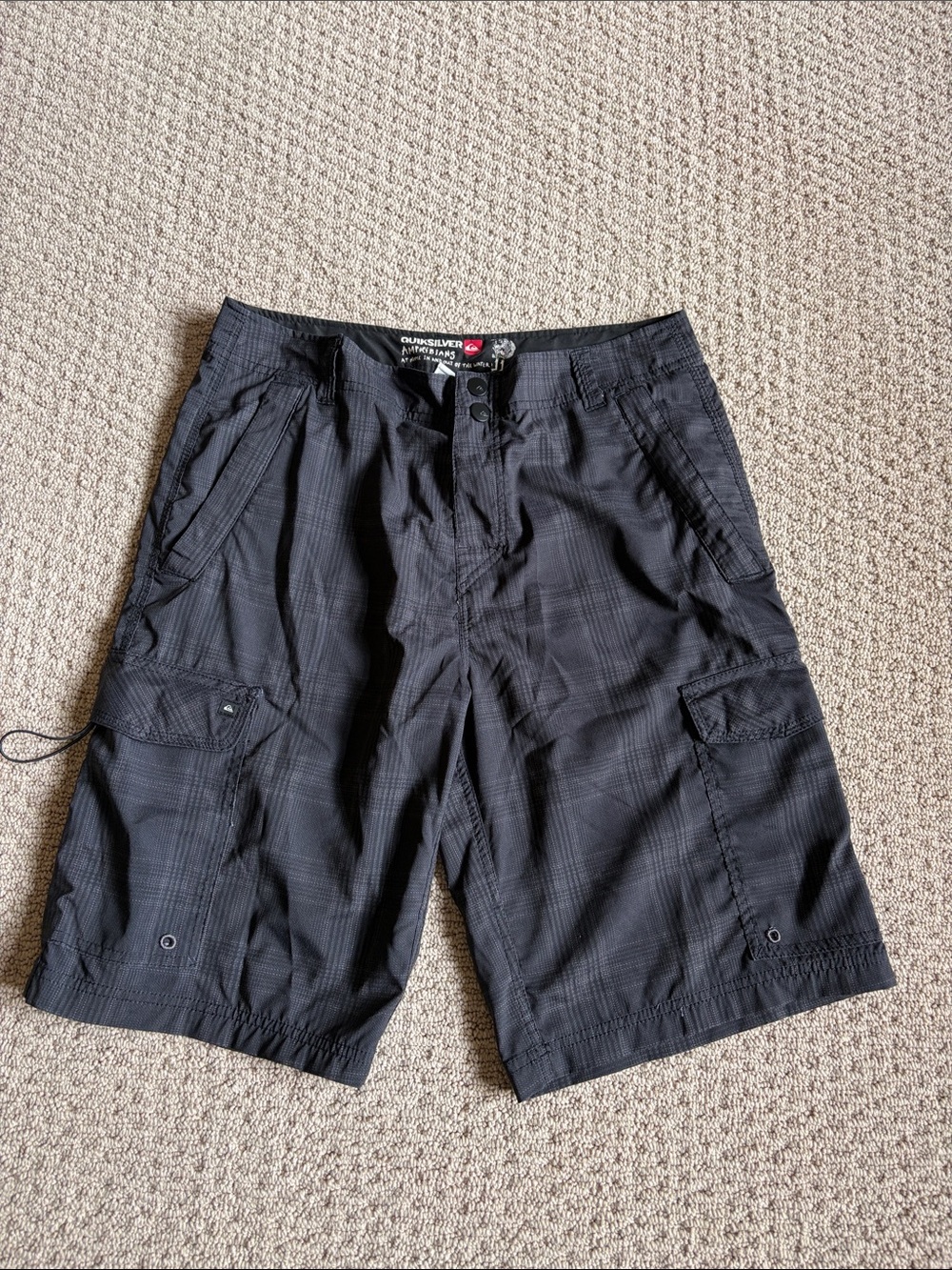 Quiksilver Black Plaid Cargo Swim Board Shorts